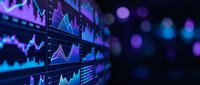 Financial data visualization with glowing charts and graphs on digital screens showing market trends and analytics in purple and blue neon colors.
