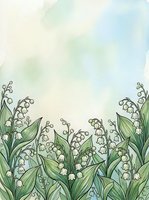 Delicate lily of the valley flowers with green leaves on soft watercolor background for spring greeting cards and botanical designs.