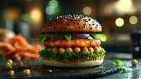 Gourmet burger with crispy patty, melted cheese, fresh lettuce, and sesame seed bun served with golden fries and garnish for restaurant menus, food blogs, and culinary marketing.
