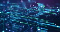 Digital network grid with glowing data streams and code fragments floating in cyberspace for technology presentations and software development projects.