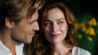 Romantic close up portrait of young Caucasian couple sharing tender moment outdoors. Woman with curly hair smiling while man gazes lovingly at her. Natural lighting and bokeh background.