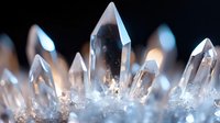 Clear quartz crystal points emerging from dark background with ethereal blue glow, macro photography showing natural mineral formation and geometric shapes.