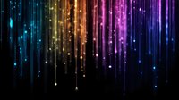Magical glowing light streaks and sparkles in rainbow colors falling from above against dark background, creating atmospheric luminous effect for festive designs.