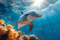 Playful dolphin swimming near coral reef in clear blue ocean water with sunbeams penetrating surface, surrounded by small tropical fish and vibrant coral formations.