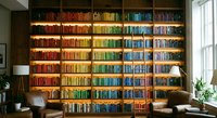 Colorful rainbow bookshelf with organized books by color creating vibrant gradient display in modern home library interior with reading chairs and natural light.