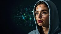 Young woman hacker in hoodie with digital code projection on face against futuristic cyber technology background for programming and cybersecurity concepts.