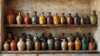 Rustic ceramic pottery collection displayed on wooden shelves against textured wall, featuring vintage vases and jugs in earth tones, browns, yellows and greens.