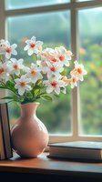 White plumeria flowers in pink ceramic vase on wooden windowsill with books and soft natural daylight through window creating peaceful home atmosphere.