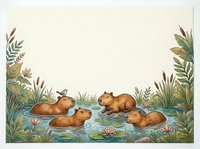 Watercolor capybaras relaxing in a pond with lily pads, reeds, and lush greenery, with a small bird perched on one, copy space above.