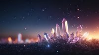 Magical glowing crystals emerging from dark ground against starry night sky with pink and orange sunset light creating mystical atmosphere.