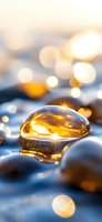 Golden water drop on dark surface with soft bokeh lights in background creates magical macro photography effect, highlighting nature's delicate beauty and light play.