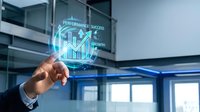 Business professional touching holographic growth chart with performance metrics in modern office environment for corporate presentations.