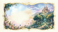Watercolor fairy tale castle landscape with flowers, trees, and crescent moon, framed with golden border, soft pastel tones, copy space for text.