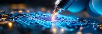 Glowing circuit board with syringe needle injecting data, representing cybersecurity, digital transformation and technology advancement in modern computing.