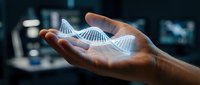 Scientist hand holding glowing DNA helix hologram in laboratory setting, representing genetic research, biotechnology innovation, and molecular biology advancement.