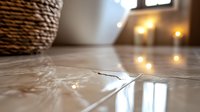 Cracked floor surface with warm glowing lights reflection creating atmospheric mood in interior space. Water damage on wooden flooring shows texture detail.