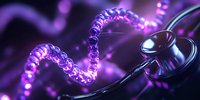 DNA helix structure in purple neon glow with medical stethoscope, representing genetic research and healthcare advancement in modern medicine.