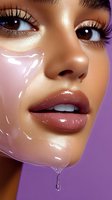 Close-up beauty portrait of African American woman with glossy skin treatment mask, dramatic eyelashes, and plump lips against purple background.