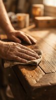 Skilled craftsman hands working with wood plane on rustic workbench in traditional carpentry workshop with warm natural lighting and vintage tools.