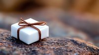 White gift box with brown leather ribbon bow on rustic wooden surface for special occasions and celebrations.