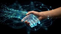 Human hand reaching toward digital holographic hand with glowing network connections and data streams representing AI technology collaboration.
