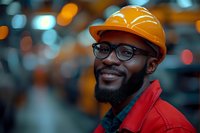Smiling African American male construction worker wearing yellow hard hat, glasses and red safety jacket against blurred industrial background with bokeh lights.