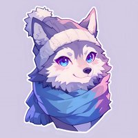 Cute cartoon wolf character with bright blue eyes wearing winter hat and scarf in purple and blue tones, isolated on light background for sticker design.