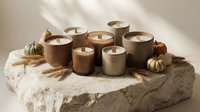 Wooden scented candles arranged on natural stone with dried wheat and small decorative gourds, creating warm autumn ambiance for home decor and seasonal styling.