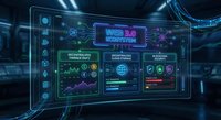 Futuristic Web 3.0 ecosystem dashboard with neon glowing interface showing decentralized finance, cloud storage, and blockchain security panels.