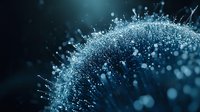 Microscopic view of glowing blue particles forming curved shape with scattered droplets and light effects on dark background, scientific visualization.