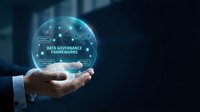 Businessman hand holding glowing holographic sphere with data governance frameworks concept for corporate technology and digital transformation.
