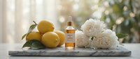 Young lemons with essential oil bottle and white peonies arranged on marble surface for spa, wellness, skincare and natural beauty product marketing.