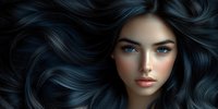 Young woman with flowing dark blue hair and intense blue eyes against dark background, dramatic portrait highlighting ethereal beauty and mystical atmosphere.