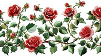 Decorative border with blooming red roses and green leaves arranged in horizontal pattern, seamless floral design element for textile and wallpaper.