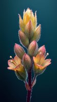 Delicate pink and yellow wildflower buds covered in morning dew drops against dark background, macro photography showing intricate natural details and crystalline water droplets.