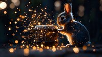 Baby bunny in magical night setting with glowing bokeh lights and sparkles, silhouetted against dark background creating enchanting woodland atmosphere.