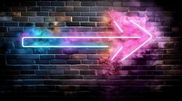 Glowing neon arrow sign on dark brick wall with blue and pink colors, smoke effect and light dispersion creates modern urban nightlife atmosphere.