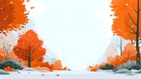 Vibrant orange autumn trees frame a misty landscape with fallen leaves scattered on ground, creating serene seasonal scenery for nature backgrounds.