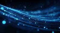 Glowing blue waves with sparkling particles and bokeh effects on dark background create magical atmosphere for technology and science designs.