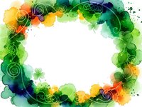 Vibrant watercolor frame with swirls and shamrocks in green, orange and blue tones. Decorative border for St. Patrick's Day designs and spring projects.