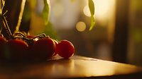 Fresh ripe cherry tomatoes on wooden surface in warm sunset light with natural bokeh background and soft selective focus.