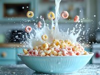 Colorful cereal rings splashing in milk stream with dynamic droplets and powder sugar in turquoise ceramic bowl against blurred kitchen background.