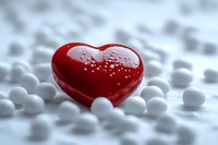 Red glossy heart with water drops surrounded by white spheres on light background, romantic love concept for Valentine's Day and anniversary designs.