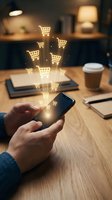 Mobile shopping app with glowing cart icons floating from smartphone screen on wooden desk with coffee cup and notebooks in cozy office setting.