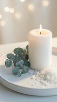 White candle burning on ceramic tray with eucalyptus leaves and sea salt crystals against soft bokeh lights background for spa relaxation wellness.