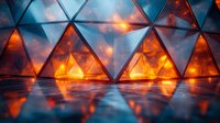 Glowing triangular geometric pattern with orange light and blue reflections creates dramatic modern architectural backdrop for technology presentations.