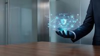 Businessman in dark suit holding glowing digital security shield with network icons, representing cybersecurity, data protection, and technology solutions for business.
