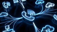 Glowing blue communication icons connected by flowing light trails on dark background. Network connectivity concept for digital technology presentations.