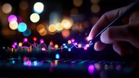 Glowing financial chart with finger touching graph line against blurred bokeh lights background, digital market analysis and trading concept.