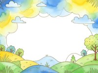 Watercolor landscape frame with rolling hills, trees, river and cloudy sky. Hand drawn nature border with copy space for text, cards, invitations and design projects.